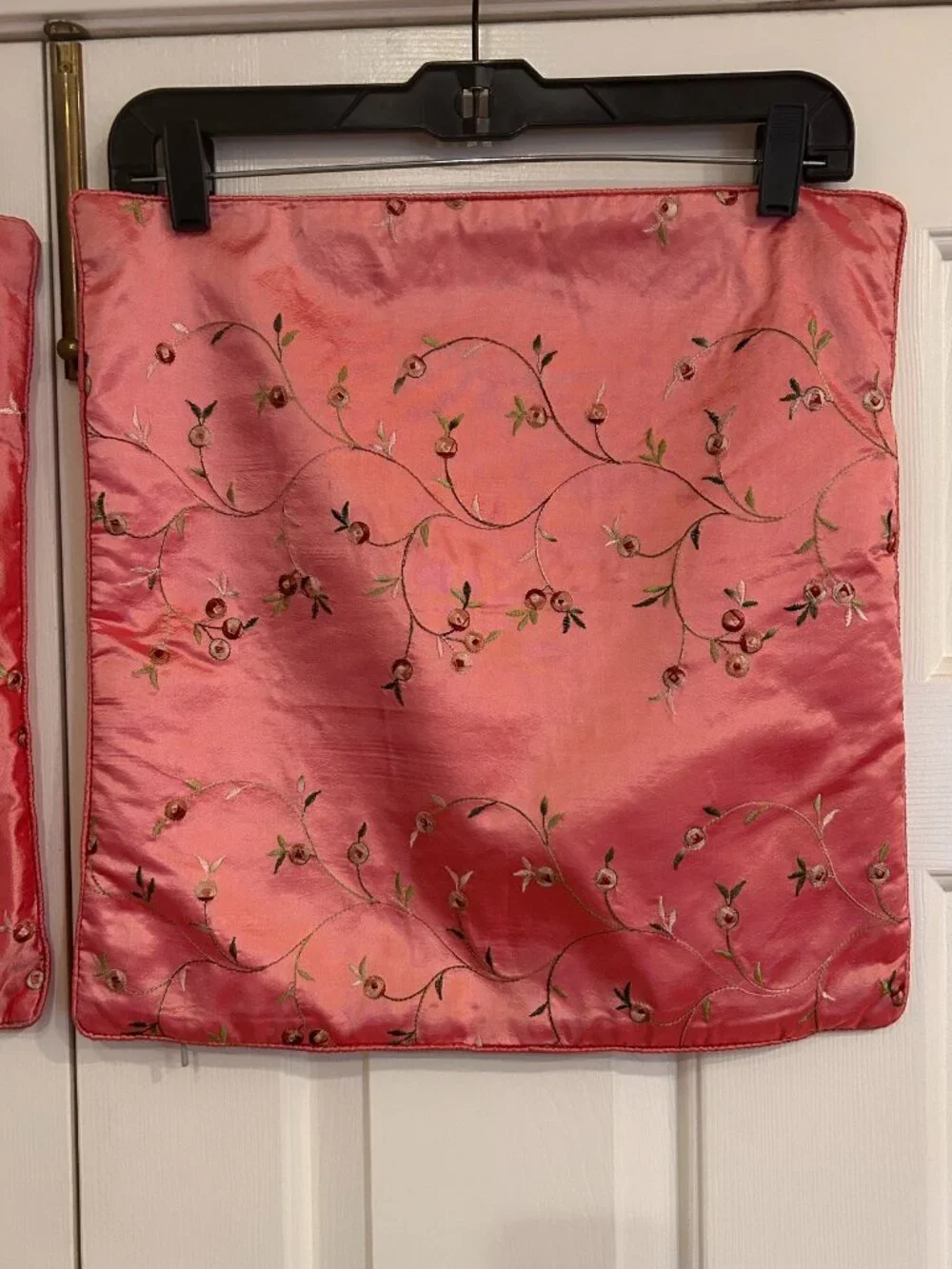 2 Pink Floral Embroidered Satin Throw Pillow Covers Cases Zippered 16 x 16 in