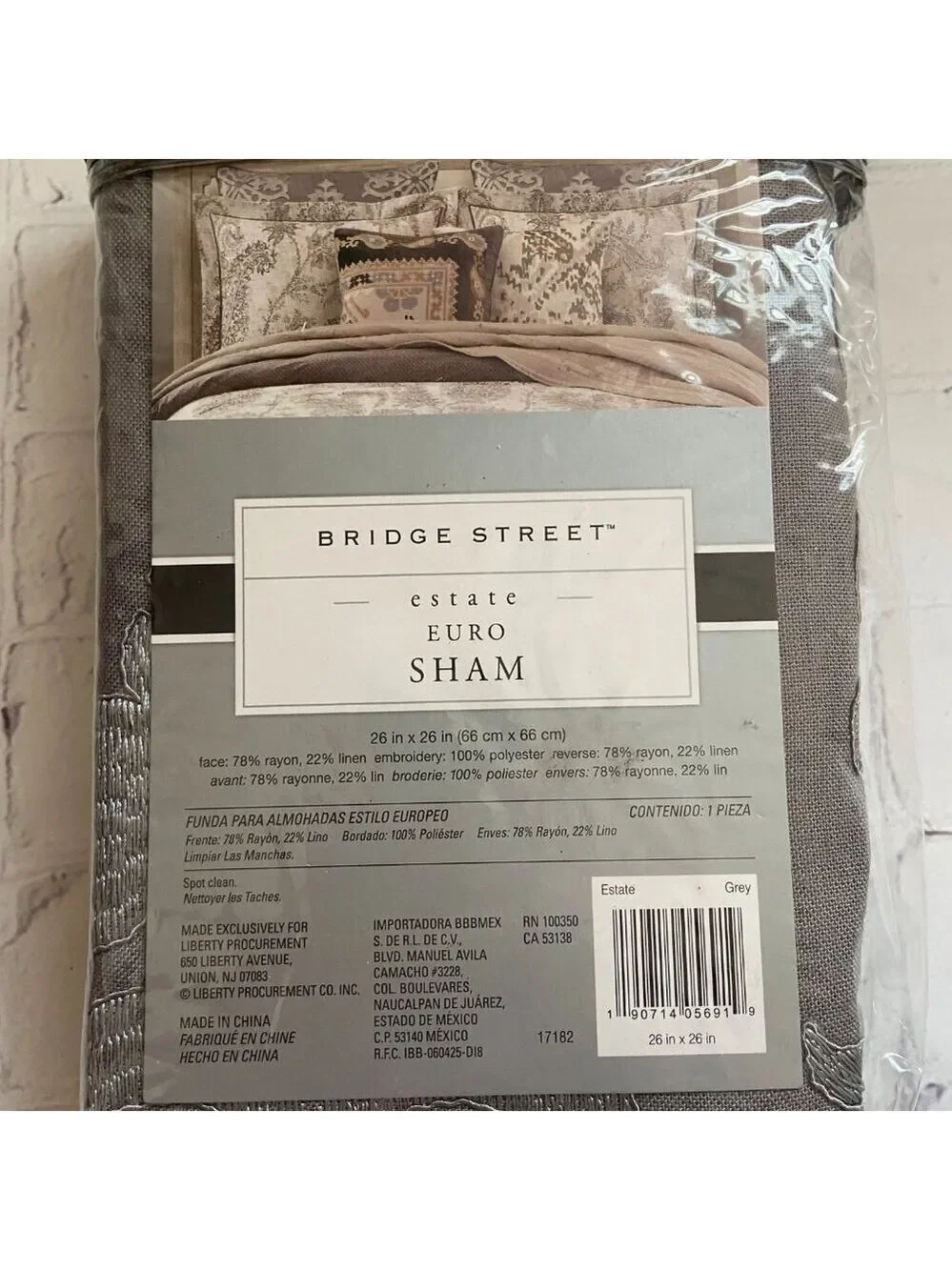 🐝🐝VTG Bridge Street Estate ONE Euro Sham Grey 26x26 Embroidered NWT