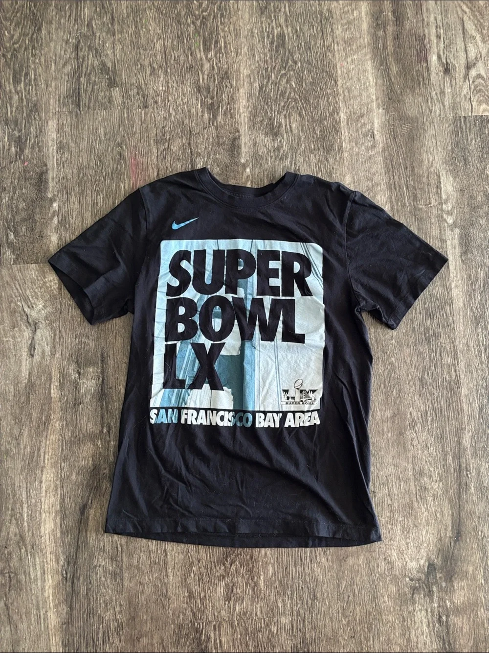 Nike Black Tee with Blue & White Super Bowl LX Graphic