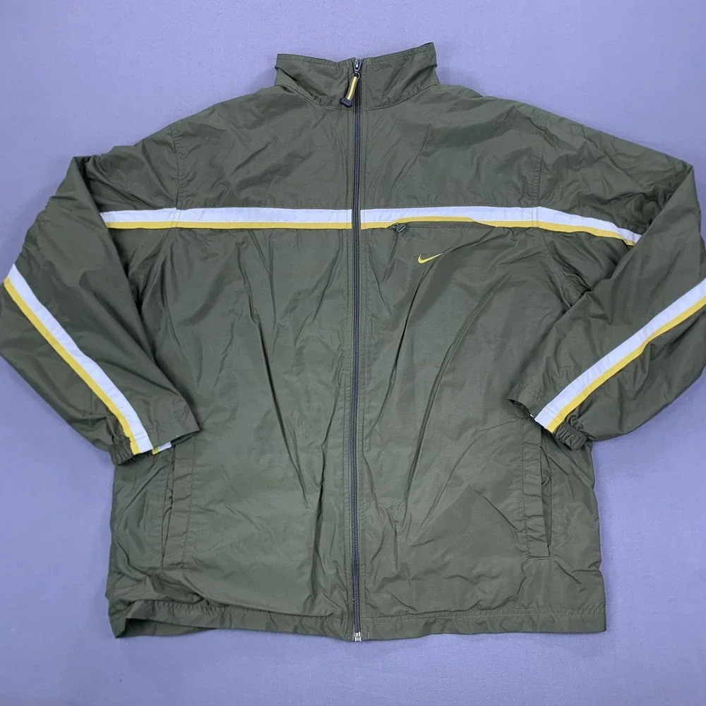 VTG Nike Jacket Mens XL Green Yellow Swoosh Lined Full Zip Windbreaker 90s Nylon