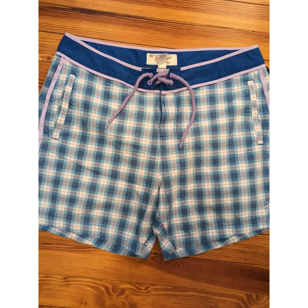Original Penguin Swim Trunks Men’s 34 Blue Plaid Lined Drawstring Pockets