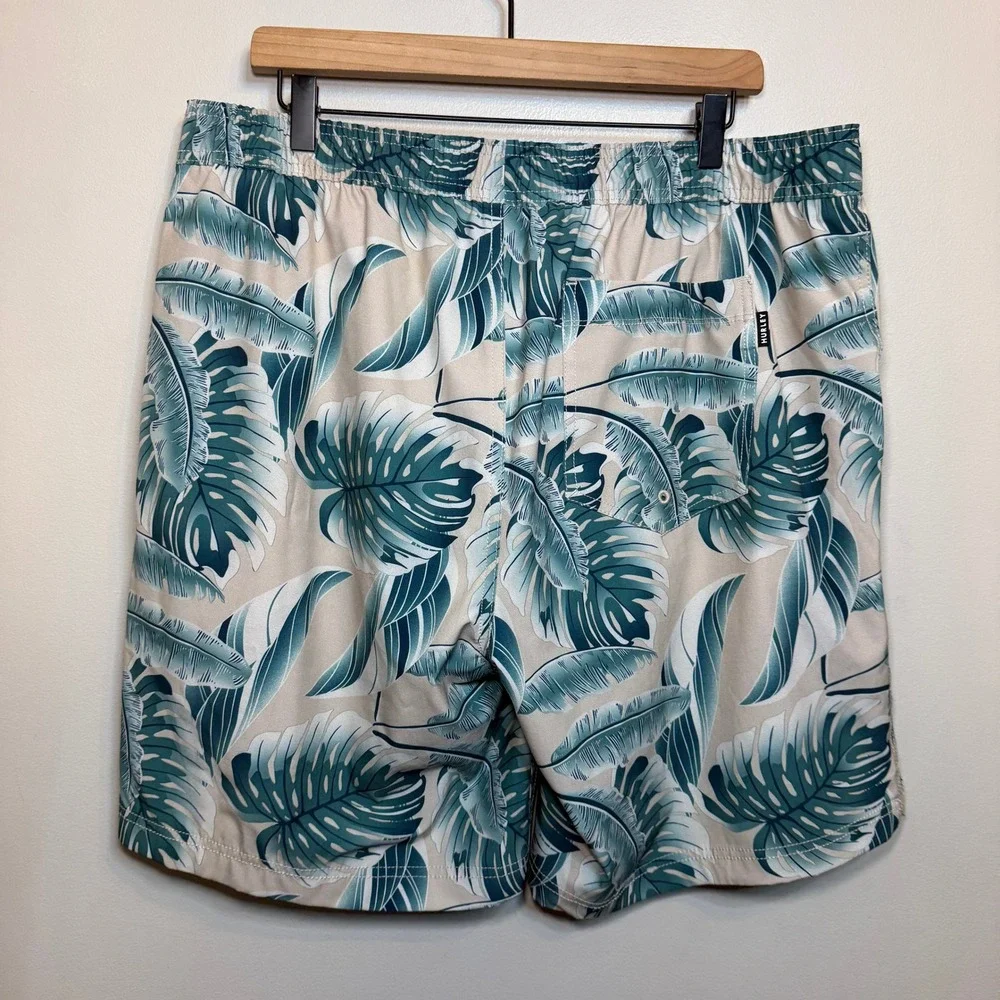 Hurley Tropical Palm Leaf Print Swim Trunks Teal Cream Board Shorts Men's XXL