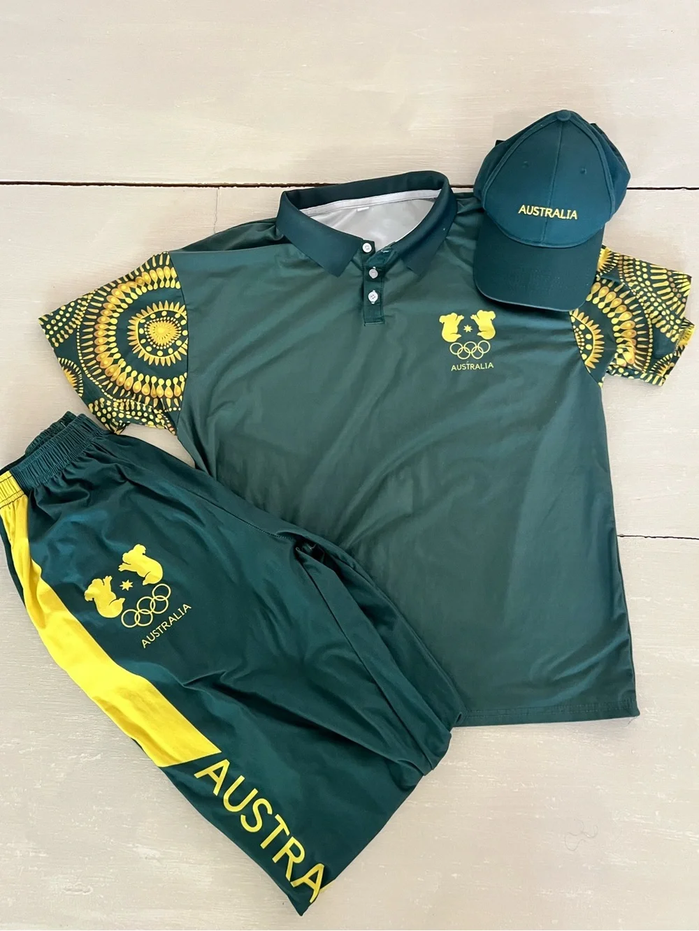 Australia Kids Green & Yellow Polo Shirt with Matching Shorts kids XL