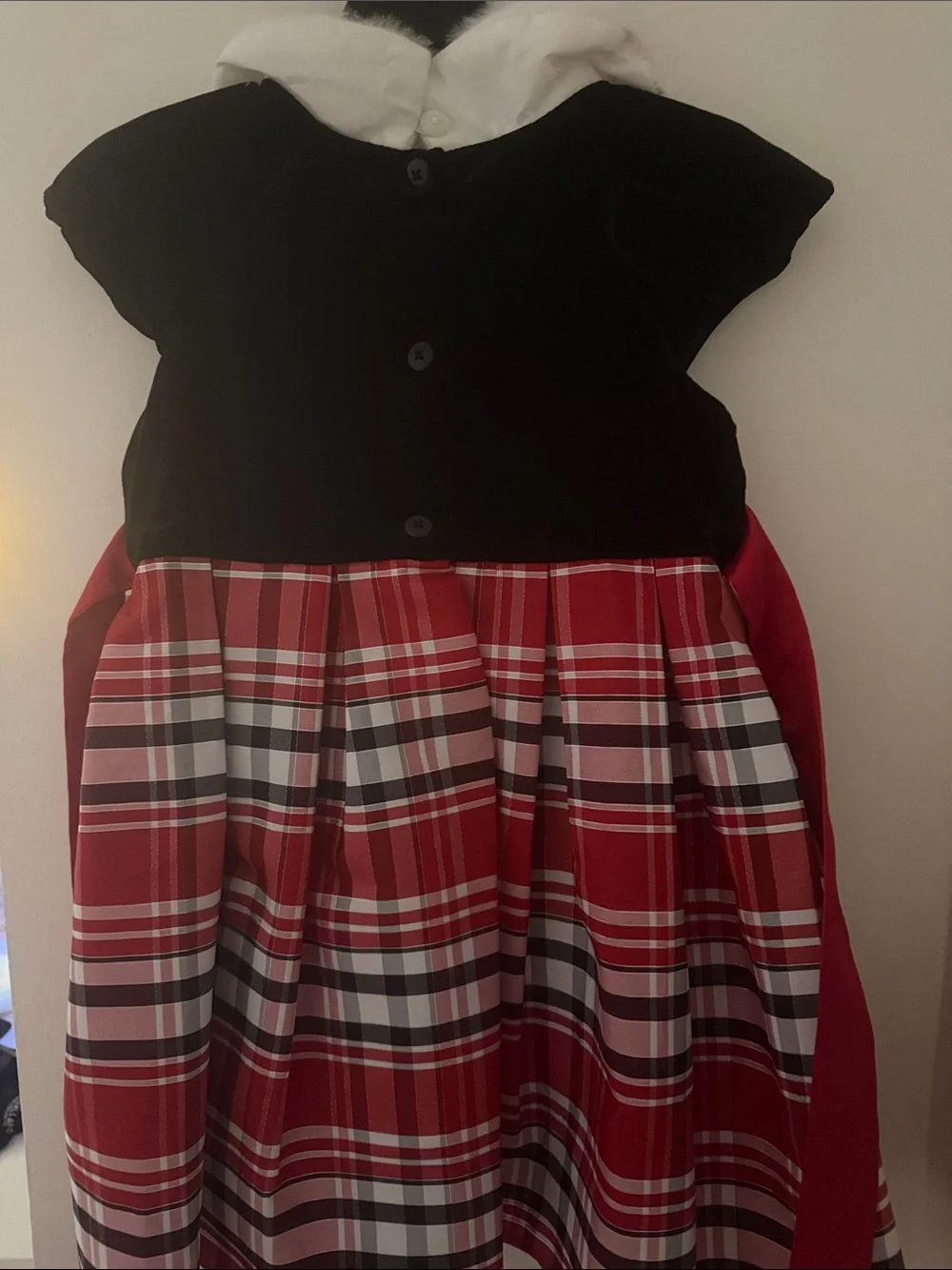 Holiday Plaid Girls Dress with Faux Fur Collar - Red & Black