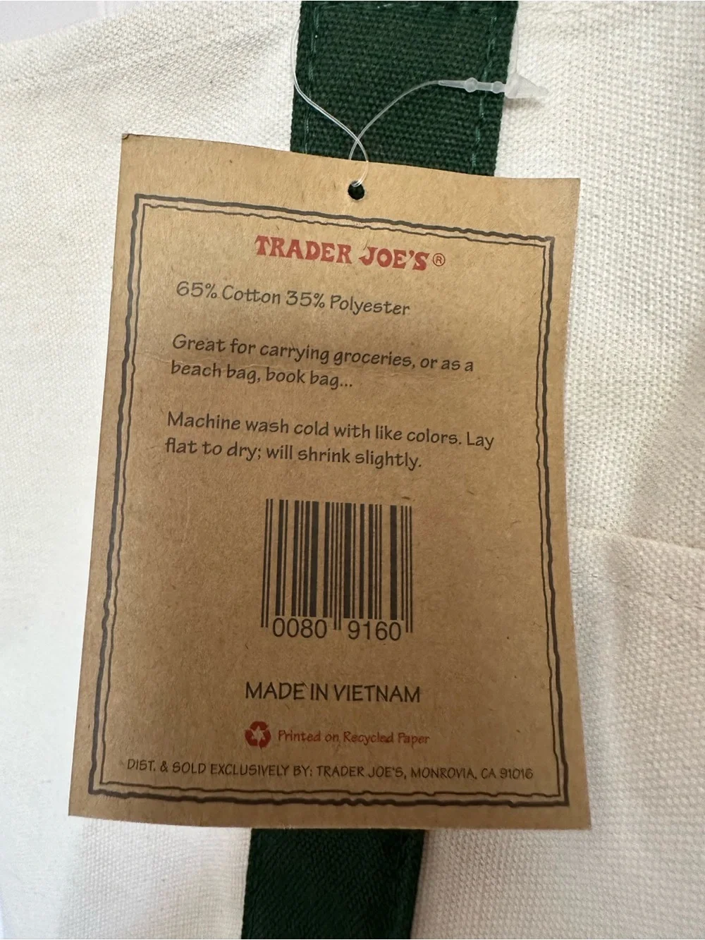 NWT Trader Joe's Limited Edition Large Canvas Tote Bag Green Cream