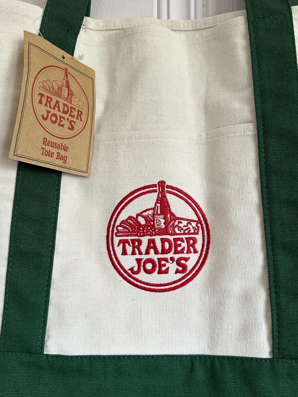 NWT Trader Joe's Limited Edition Large Canvas Tote Bag Green Cream