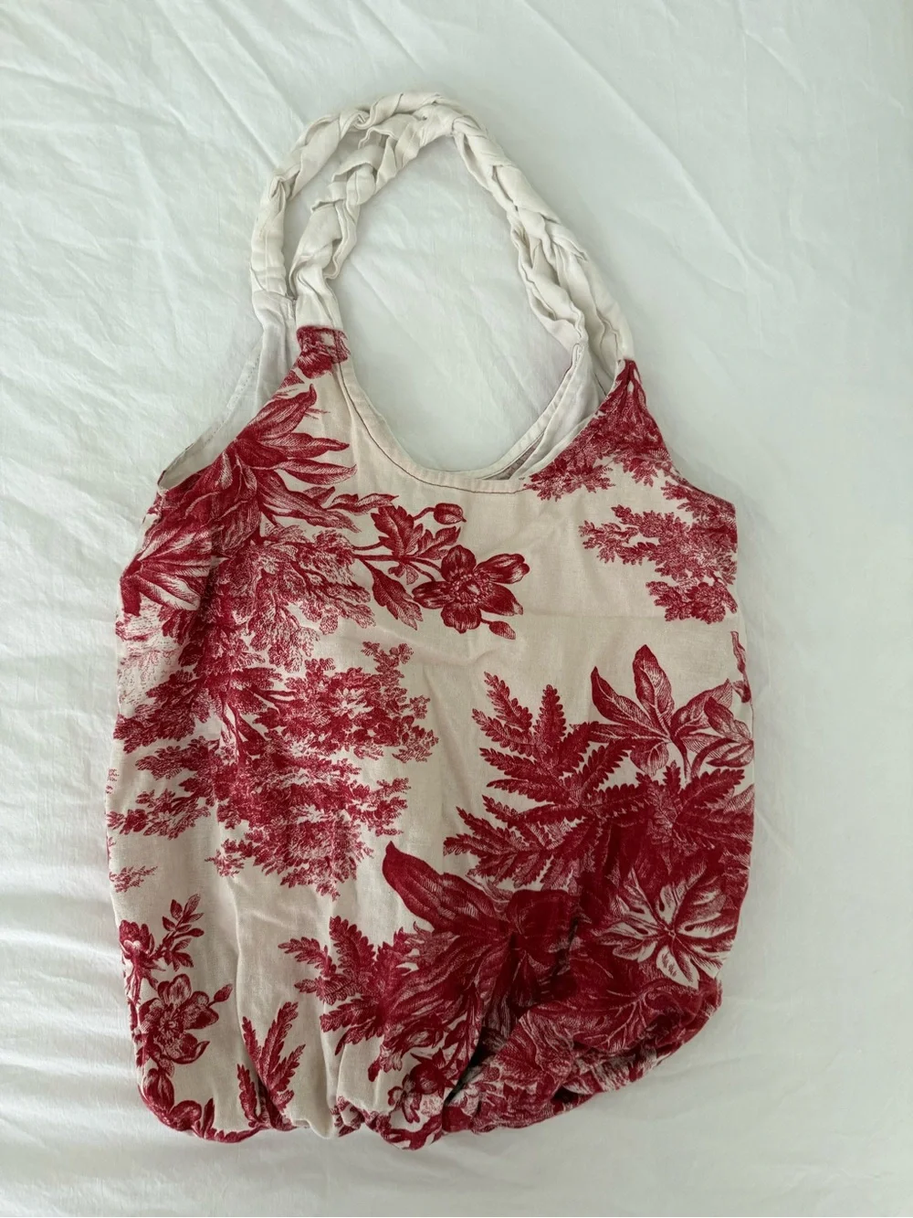 French Toile Linen Red Tote Bag