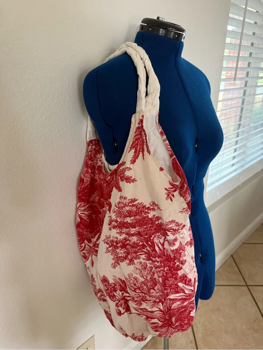 French Toile Linen Red Tote Bag