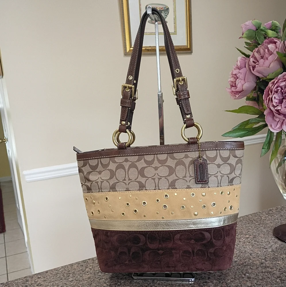Coach Y2K Patchwork Tote Bag w/ Signature Canvas, Velvet, Suede & Leather Trim