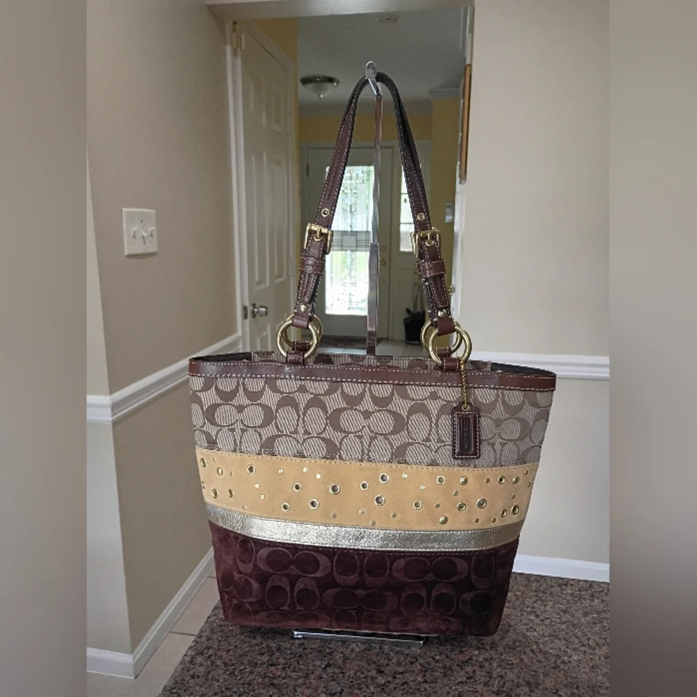 Coach Y2K Patchwork Tote Bag w/ Signature Canvas, Velvet, Suede & Leather Trim