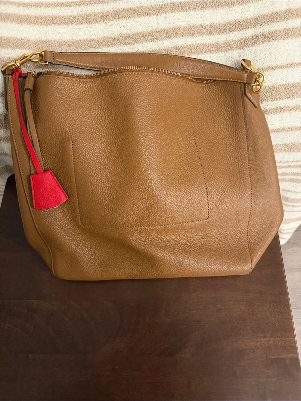Tory Burch Pebbled Leather Tote in Tan with Red Tag