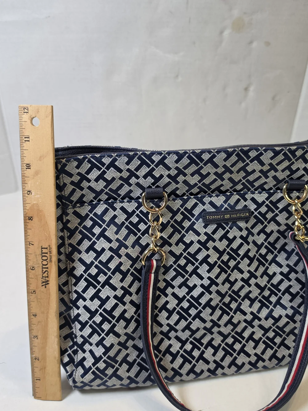 Tommy Hilfiger Monogram Jaquard Tote Geometric Shoulder Straps Gold Chain Accent