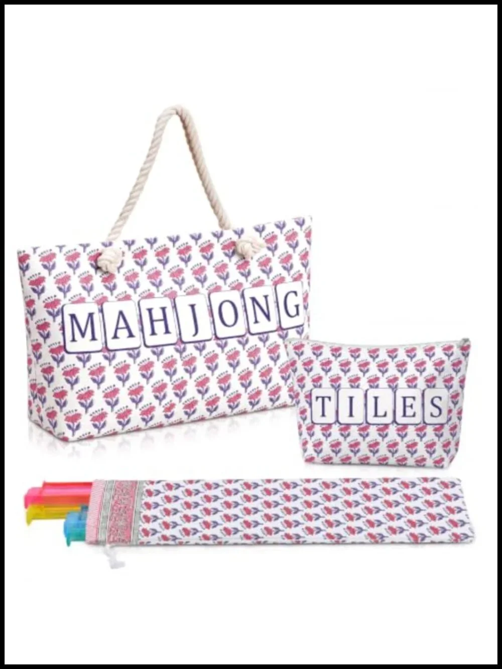 3-Piece Mahjong Storage Set - Canvas Tote, Tile Bag, Drawstring Sleeve