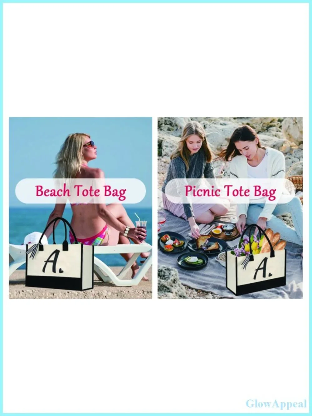 Personalized Initial Canvas Tote Bag Large Beach Shoulder Bag Gift for Women