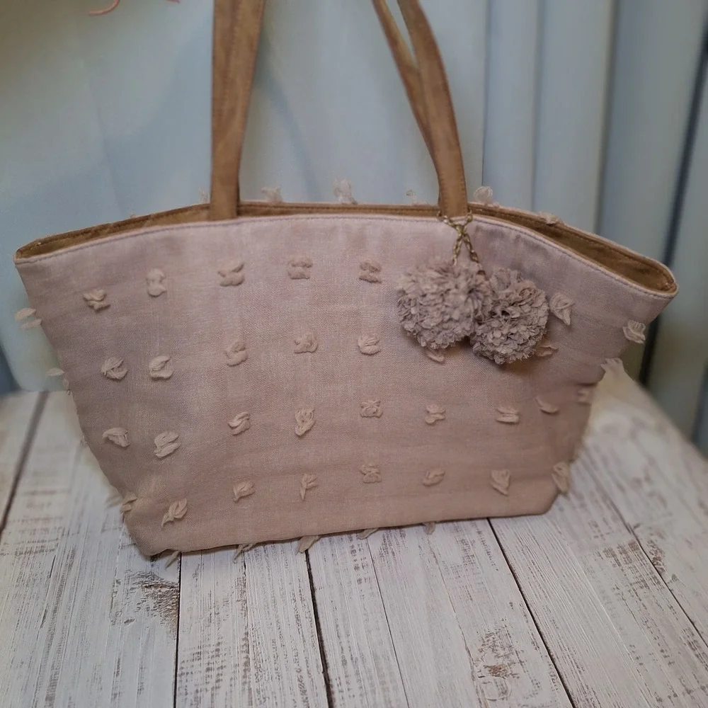 Deux Lux Women's Handbag Tote Blush Pink Boho Preppy Chic Pom Pom