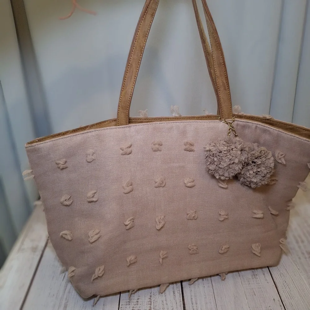 Deux Lux Women's Handbag Tote Blush Pink Boho Preppy Chic Pom Pom