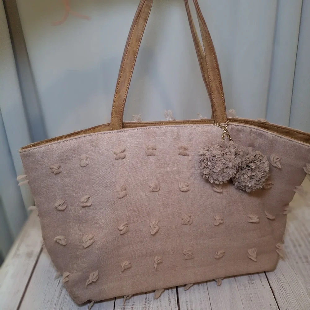 Deux Lux Women's Handbag Tote Blush Pink Boho Preppy Chic Pom Pom
