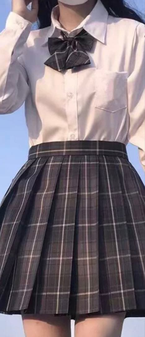 School Uniform: White Long-Sleeve Shirt, Plaid Skirt, and Ribbon
